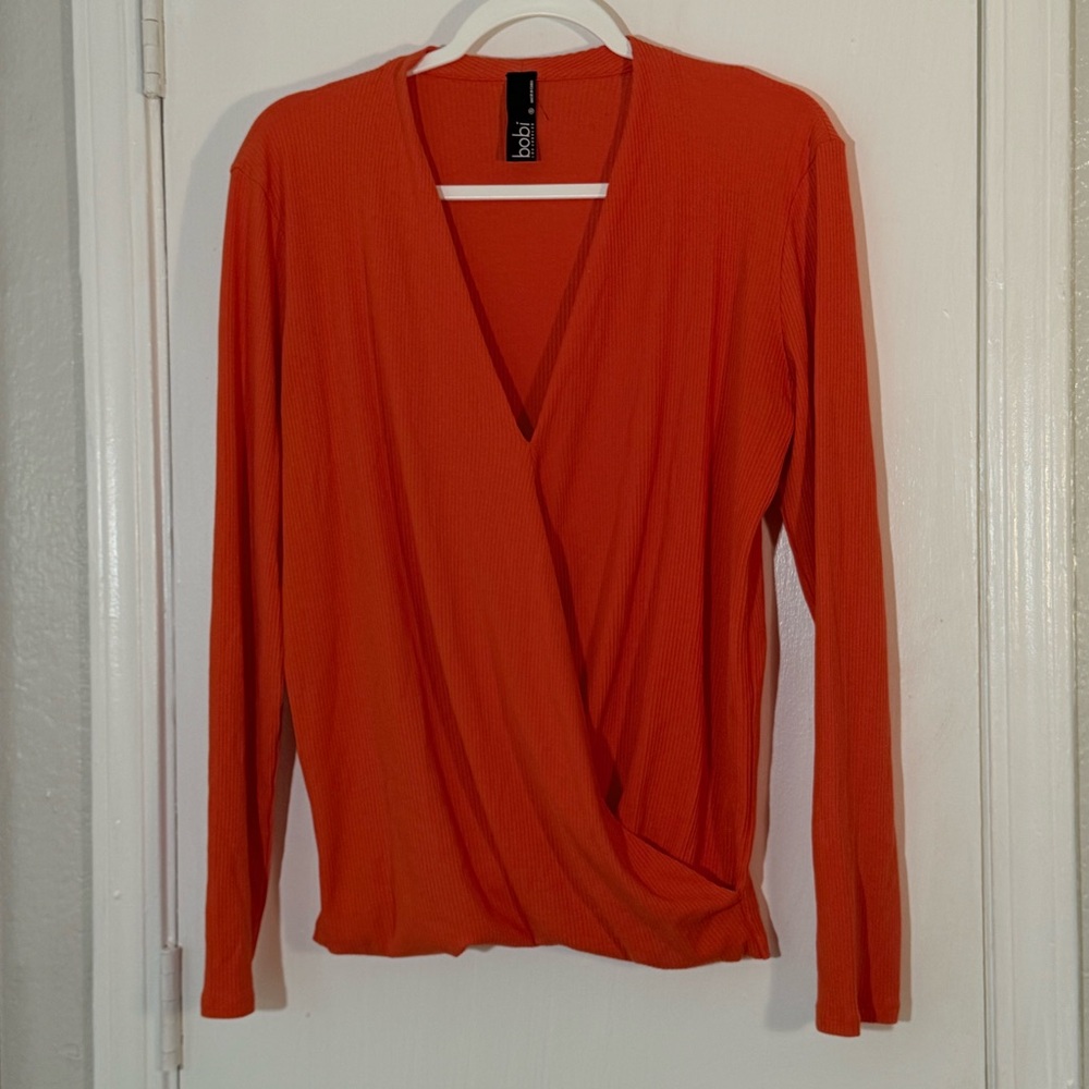 bobi Vibrant Orange Long Sleeve Faux Wrap Blouse Top Size S
